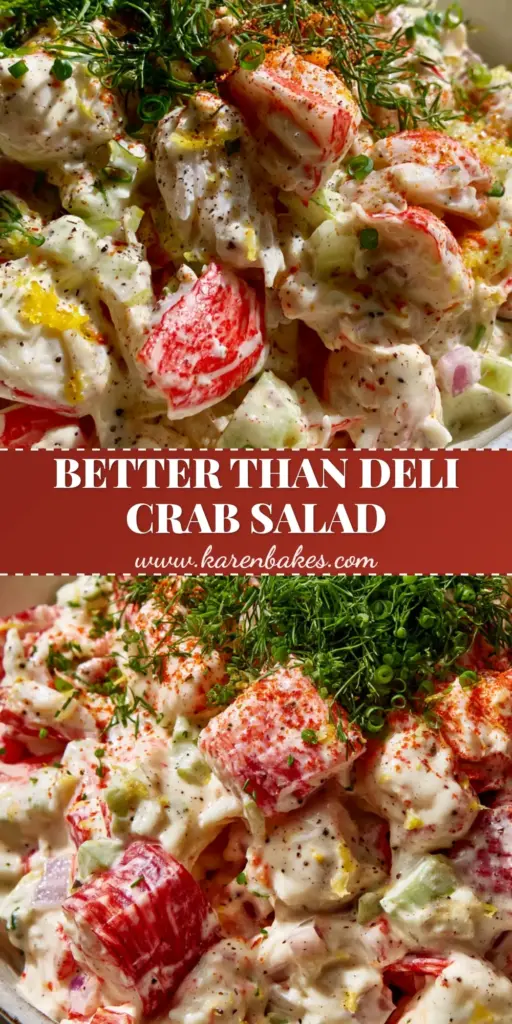 Imitation crab salad with Zesty Lemon and Fresh Dill 3 A vertical overhead shot of creamy Imitation crab salad garnished with fresh dill and paprika in a white bowl.