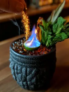 Extreme close-up of The Tiki Torch cocktail showing amber liquid, pebble ice, and a hand sprinkling cinnamon into a flame.