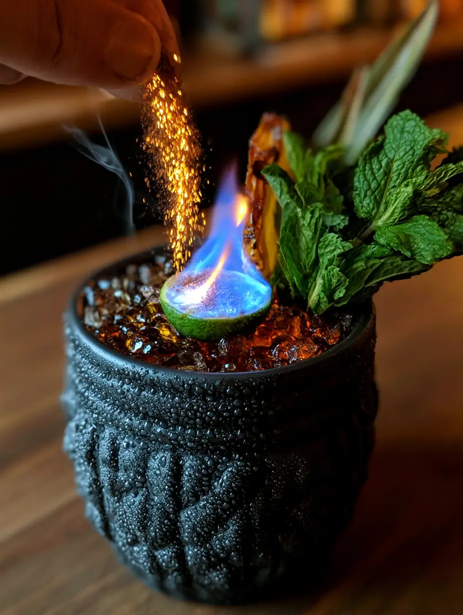 Extreme close-up of The Tiki Torch cocktail showing amber liquid, pebble ice, and a hand sprinkling cinnamon into a flame.
