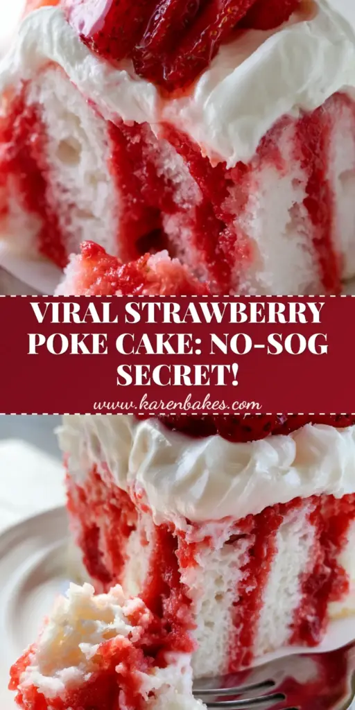 A top-down view of a strawberry poke cake in a baking dish, covered in thick whipped cream, fresh sliced strawberries, and mint leaves. (strawberry poke cake)