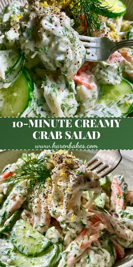 Creamy Cucumber Crab Salad: The Ultimate Chilled Seafood Recipe 3 A close-up shot of creamy cucumber crab salad with shredded imitation crab, English cucumber crescents, fresh dill, and cracked black pepper.