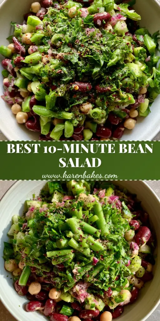 A bright smartphone photo of a Three-bean diabetic-friendly salad in a white bowl showing kidney beans, chickpeas, and green beans.