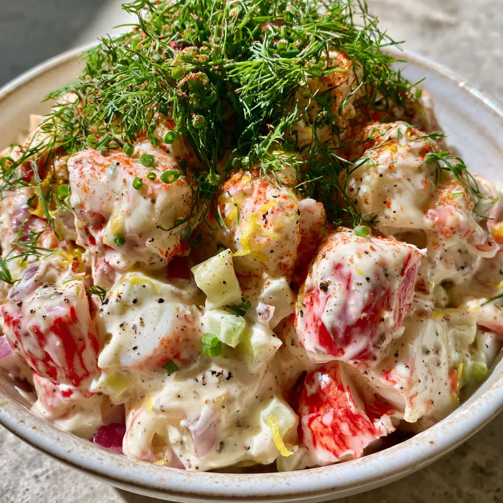 Imitation crab salad with Zesty Lemon and Fresh Dill 1 Macro view of Imitation crab salad highlighting the red and white marbling of the crab and fresh green dill.