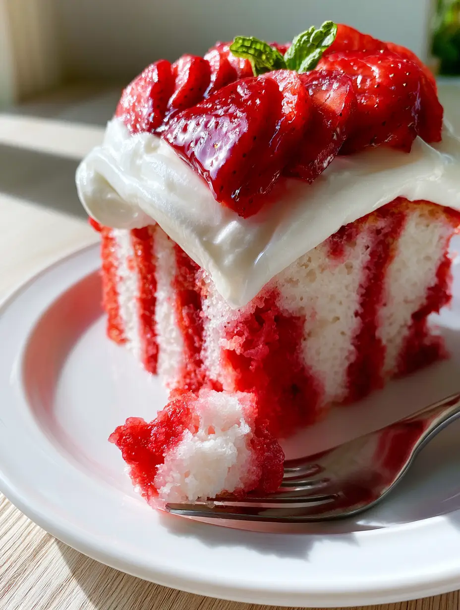 Macro close-up of a strawberry poke cake slice showing vertical red stripes and a fork taking a bite. (strawberry poke cake)