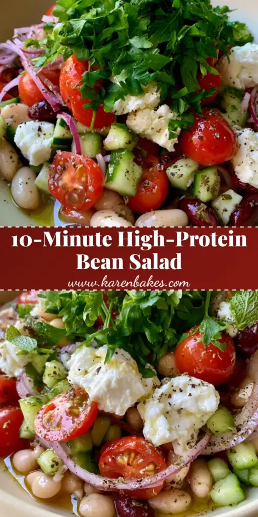 Vegetarian Bean Salad: The Ultimate 10-Minute Mediterranean Power Bowl 3 A vibrant 10-minute vegetarian bean salad in a cream bowl featuring kidney beans, white beans, and fresh herbs.