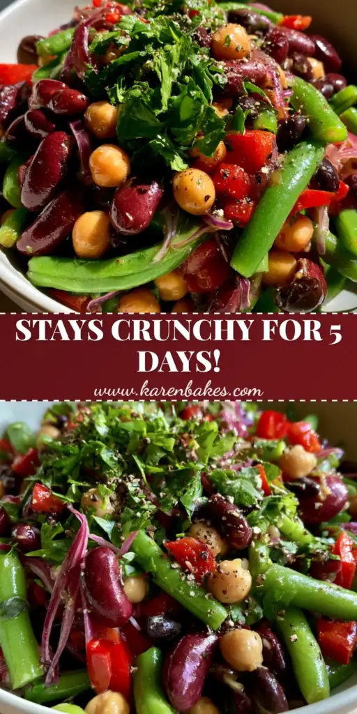 A top-down view of a vibrant 4-bean salad in a white bowl, showing dark kidney beans, chickpeas, black beans, and green snap beans.