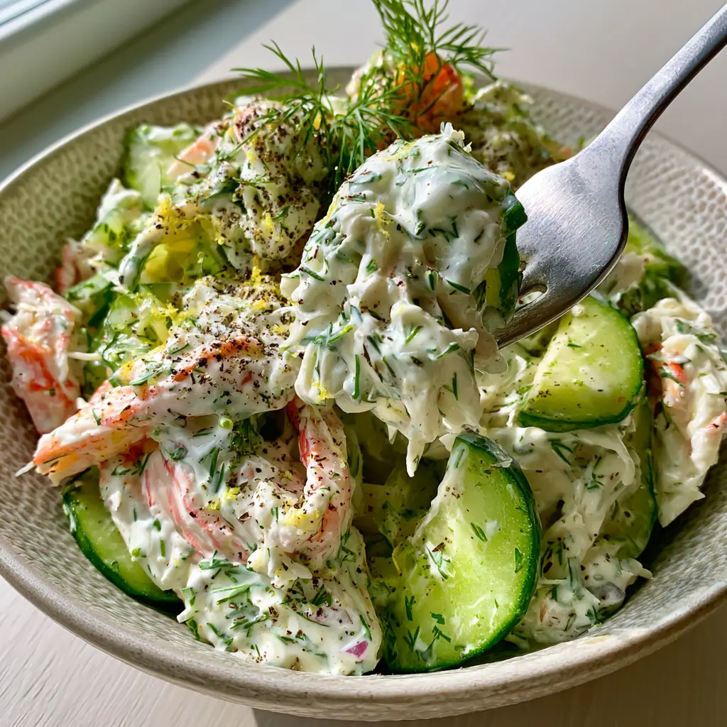 Creamy Cucumber Crab Salad: The Ultimate Chilled Seafood Recipe 2 A handheld photo of a bowl of creamy cucumber crab salad featuring fibrous crab strands and crisp cucumber in a glossy white dressing.