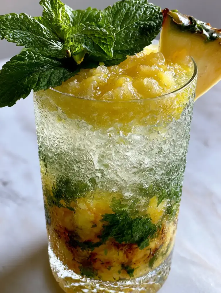 Pineapple Mojito Recipe: The Ultimate Tropical Charred Pineapple Cocktail 1 A refreshing pineapple mojito with thick condensation on a crystal glass and a caramelized pineapple garnish.