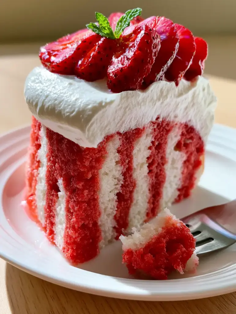 A close-up side view of strawberry poke cake showing the moist porous texture soaked with condensed milk.