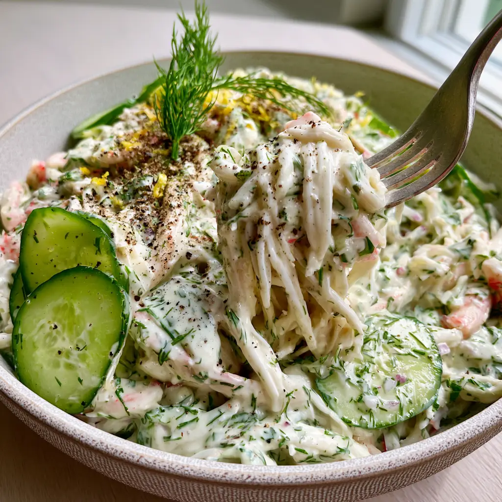 Creamy Cucumber Crab Salad: The Ultimate Chilled Seafood Recipe 1 Extreme close-up of a silver fork lifting a messy bite of creamy cucumber crab salad showing the glossy dressing and dill specks.