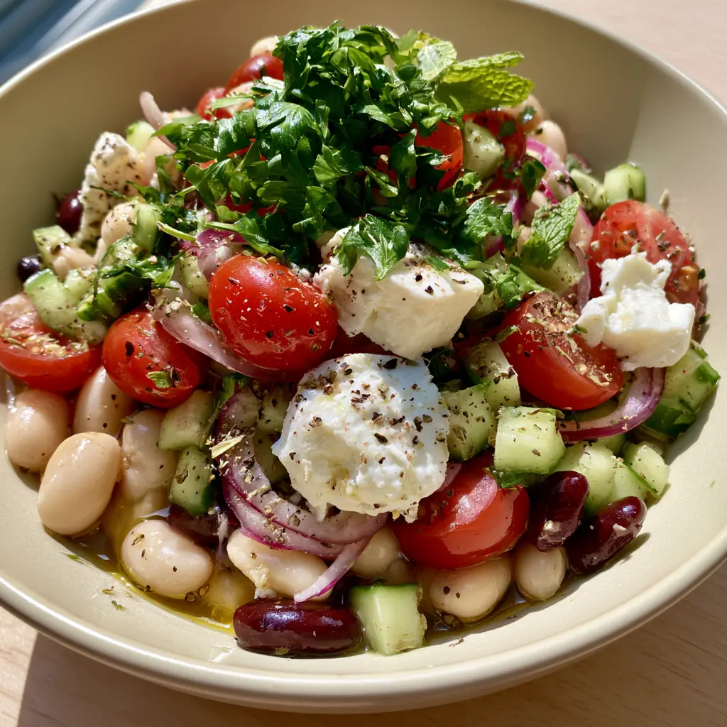 Vegetarian Bean Salad: The Ultimate 10-Minute Mediterranean Power Bowl 2 Overhead shot of a vegetarian bean salad with glistening lemon vinaigrette and large feta crumbles.
