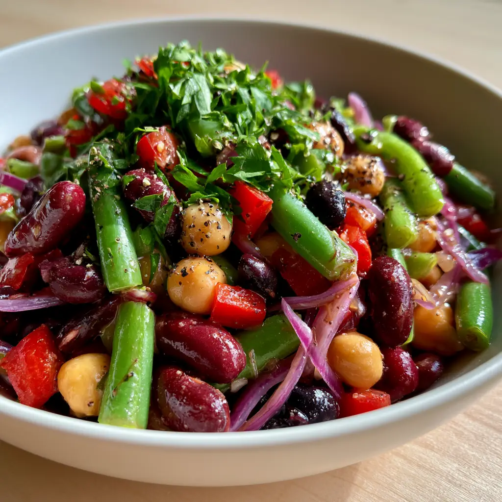 4-bean salad: The Ultimate Zesty Protein-Packed Recipe 2 Close up of 4-bean salad highlighting the glossy vinaigrette on red kidney beans and golden chickpeas.
