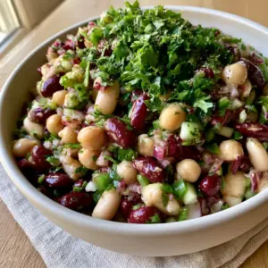 Close-up of a dense mixture of chickpeas, dark red kidney beans, and green peppers in a lemon vinaigrette. (three-bean salad)