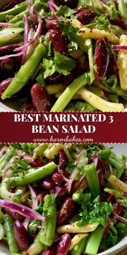Marinated 3 Bean Salad: The Ultimate Quick & Glossy Side Dish 3 A close-up vertical shot of a shimmering Marinated 3 Bean Salad featuring bright green, yellow, and red beans in a glossy vinaigrette.