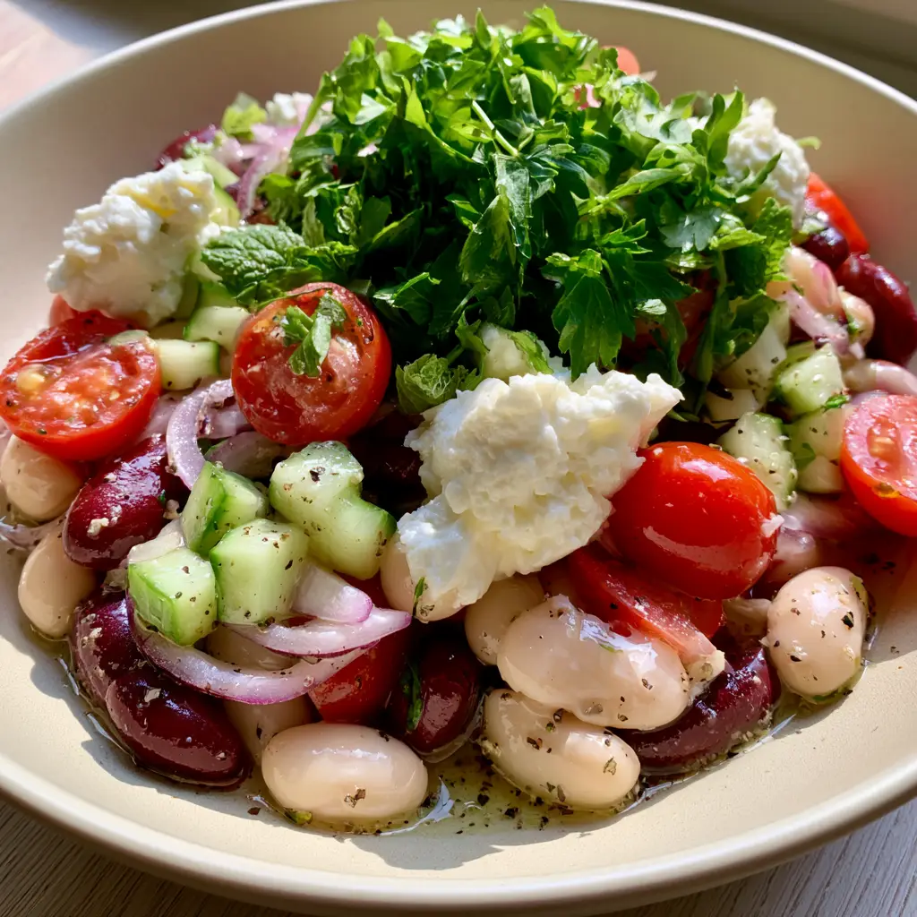 Vegetarian Bean Salad: The Ultimate 10-Minute Mediterranean Power Bowl 1 Close up of paper-thin red onions and fresh parsley on a vegetarian bean salad.