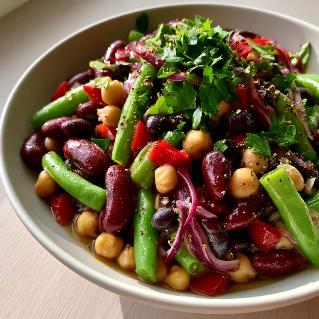 4-bean salad: The Ultimate Zesty Protein-Packed Recipe 1 A shallow matte white bowl filled with 4-bean salad on a neutral light wood surface.