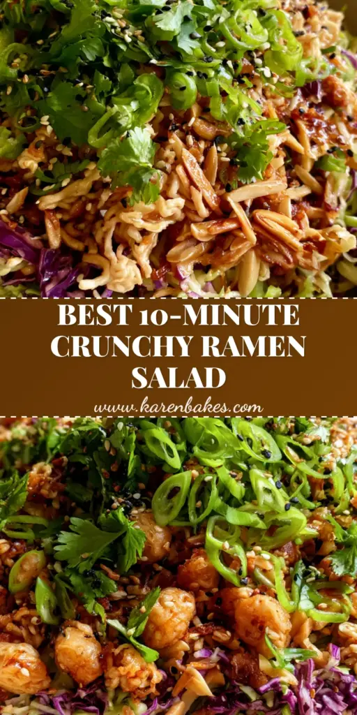 Ramen Noodle Salad: The Ultimate Crunchy Cabbage Slaw Recipe 4 A vibrant bowl of Ramen Noodle Salad with purple cabbage, green slaw, toasted noodles, and sesame seeds on a grey linen background.