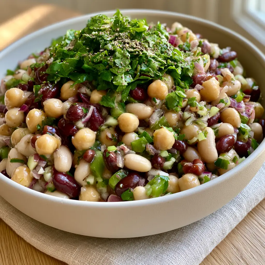 three-bean salad: The Ultimate Mediterranean Protein Powerhouse 1 Overhead view of a matte white bowl filled with three-bean salad on a pale oak table with a linen napkin. (three-bean salad)