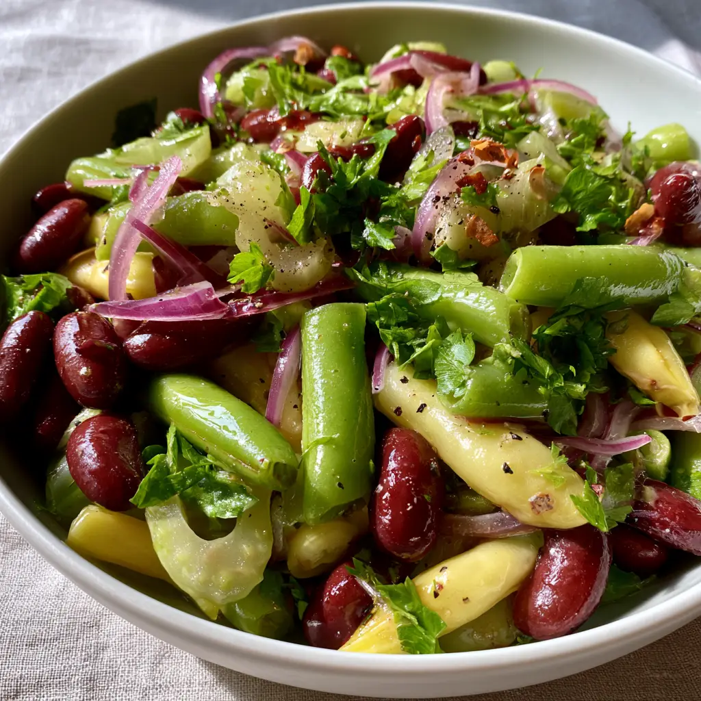 Marinated 3 Bean Salad: The Ultimate Quick & Glossy Side Dish 2 A large white ceramic bowl filled with glossy Marinated 3 Bean Salad, red onion slivers, and fresh parsley under natural light.