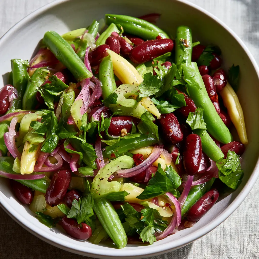 Marinated 3 Bean Salad: The Ultimate Quick & Glossy Side Dish 1 45-degree angle photo of a healthy bean salad with red kidney beans, green snap beans, and yellow wax beans.