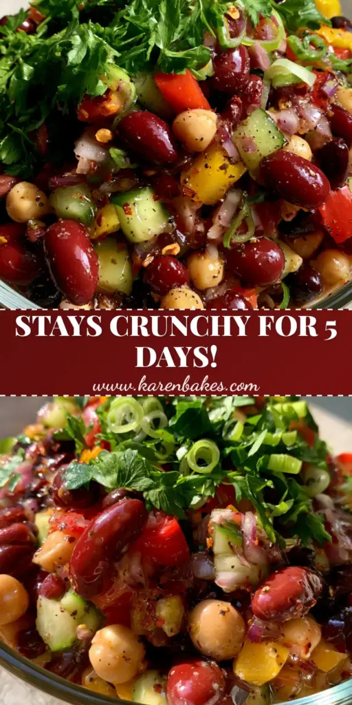 A vibrant top-down shot of Marinated Bean Salad in a clear meal prep container with kidney beans, chickpeas, and fresh herbs.
