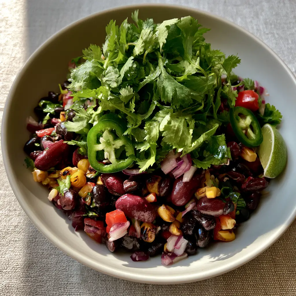 A vibrant bowl of bean salad with red bell peppers, cilantro, and thin jalapeño slices on a grey linen background.