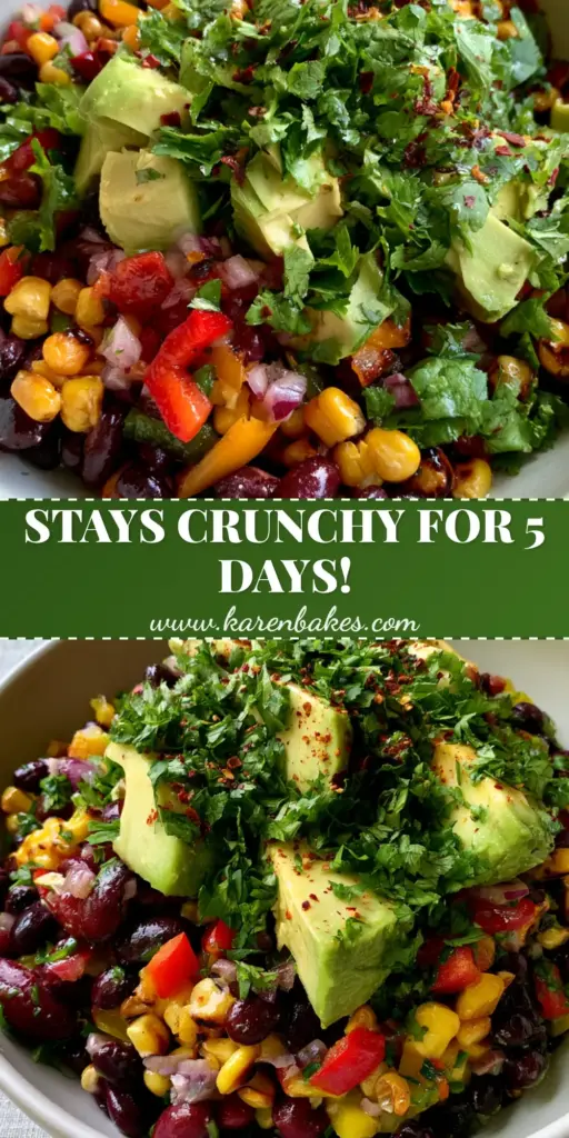 A vertical shot of a vibrant rainbow bean salad featuring charred corn, black beans, and avocado. (rainbow bean salad)