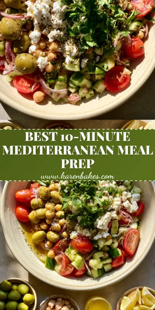 A vertical Pinterest pin for a green olive bean salad showing a vibrant Mediterranean bowl of chickpeas, olives, and feta on a stone background.