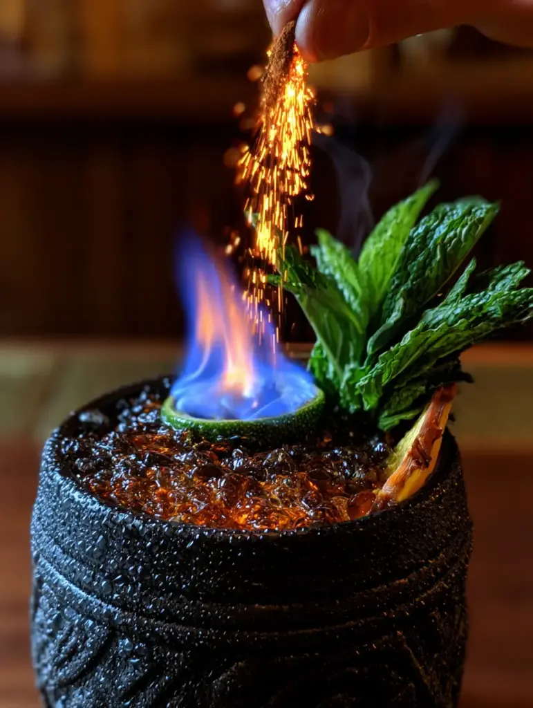 A vibrant Tiki Torch cocktail with caramelized pineapple, mint sprigs, and condensation on a matte-black mug.