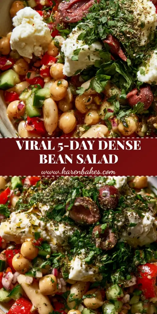 Protein-Packed Dense Bean Salad with Lemon-Herb Vinaigrette 4 Vertical Pinterest Pin showing a vibrant Protein-Packed Dense Bean Salad with chickpeas, feta, and fresh parsley in a ceramic bowl.
