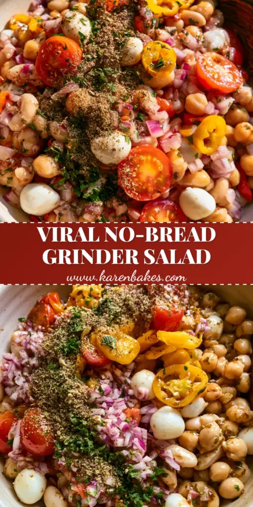 A close-up shot of the viral Italian grinder bean salad with chickpeas, cannellini beans, and mozzarella pearls in a matte bowl.