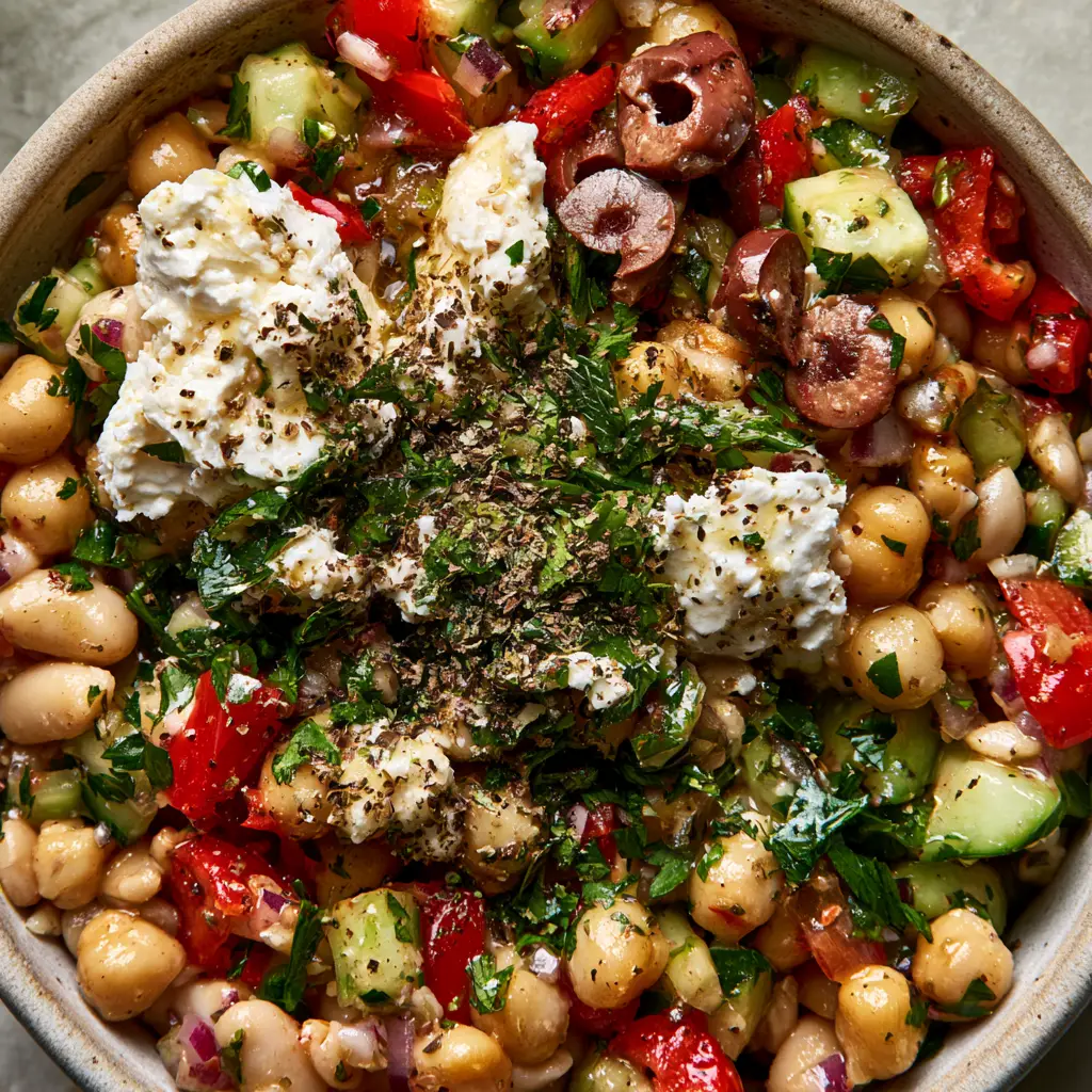 Protein-Packed Dense Bean Salad with Lemon-Herb Vinaigrette 2 Close-up high-angle shot of a glossy Mediterranean bean salad with chickpeas, red peppers, and herb-flecked dressing. (Protein-Packed Dense Bean Salad)