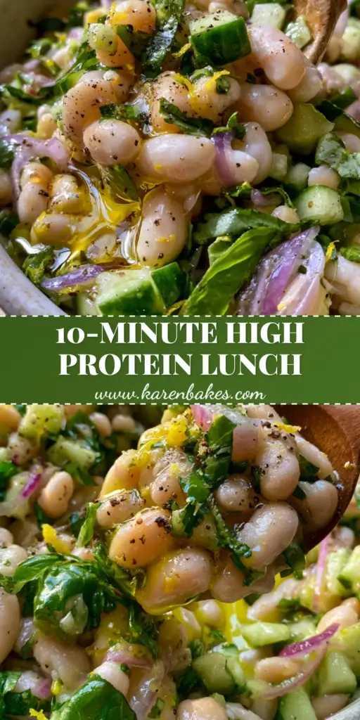A vibrant overhead shot of Lemon Basil Bean Salad featuring creamy white beans, green basil, and lemon zest in a white bowl.