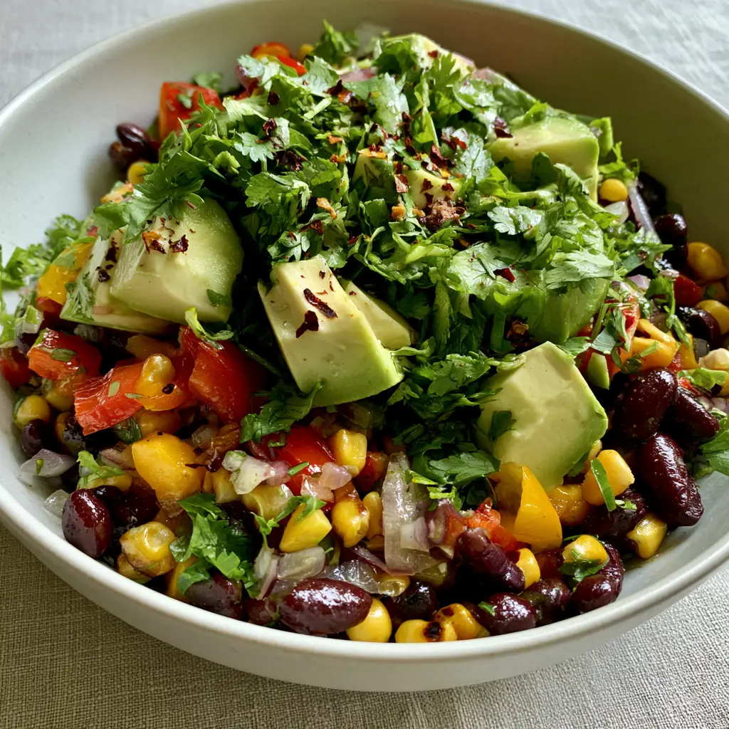 Close up of creamy avocado cubes and charred corn in a rainbow bean salad.