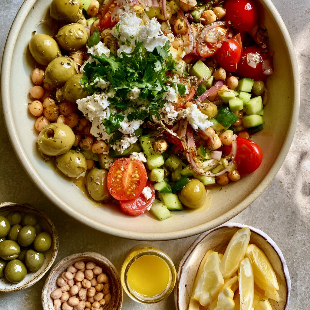 A split-screen view showing the finished green olive bean salad and a mise en place of olives, chickpeas, and lemon.