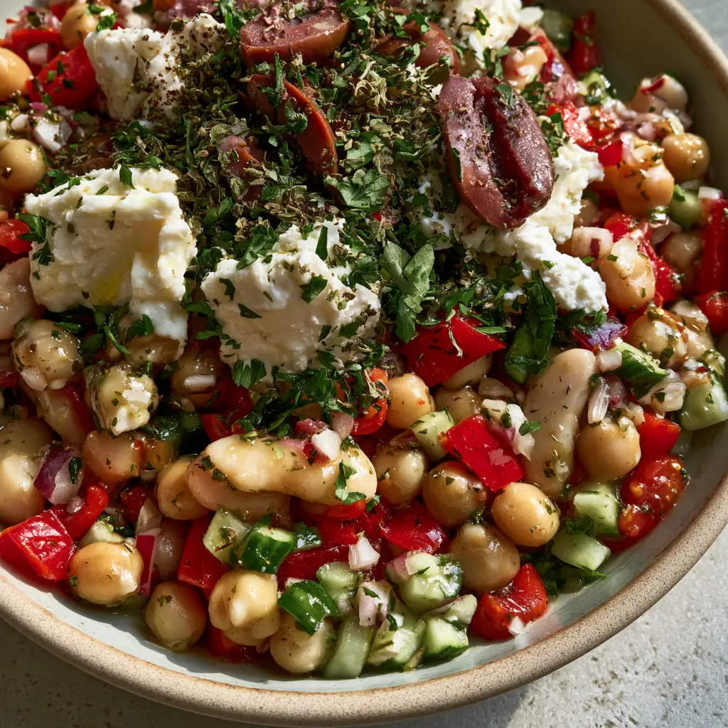 Protein-Packed Dense Bean Salad with Lemon-Herb Vinaigrette 1 Extreme close-up of Protein-Packed Dense Bean Salad featuring creamy feta crumbles and sliced Kalamata olives.
