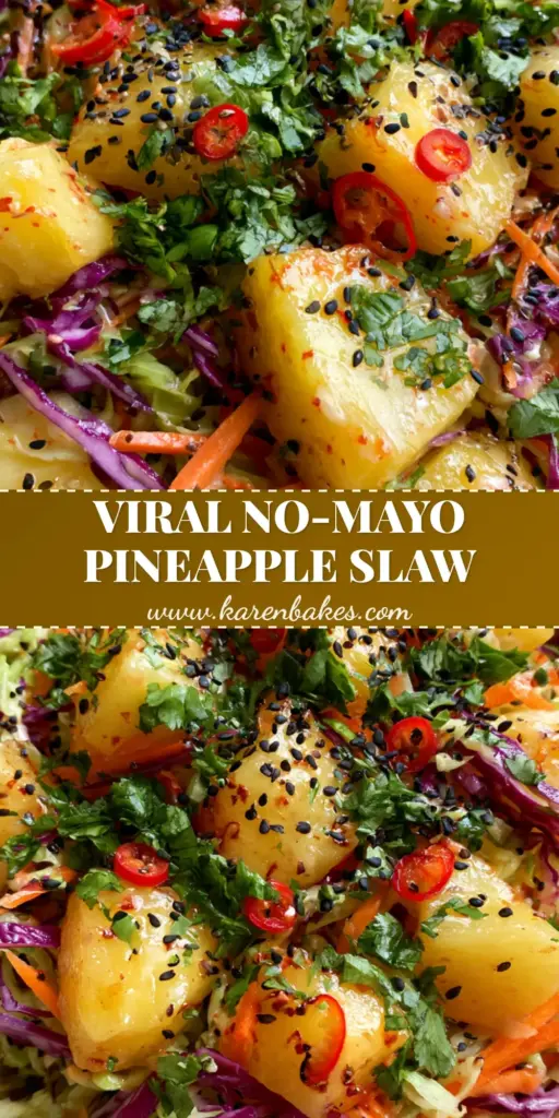 Hawaiian Coleslaw with Fresh Pineapple and Zesty Lime Vinaigrette 4 A vibrant bowl of Hawaiian coleslaw with purple cabbage, green cabbage, and golden pineapple chunks.