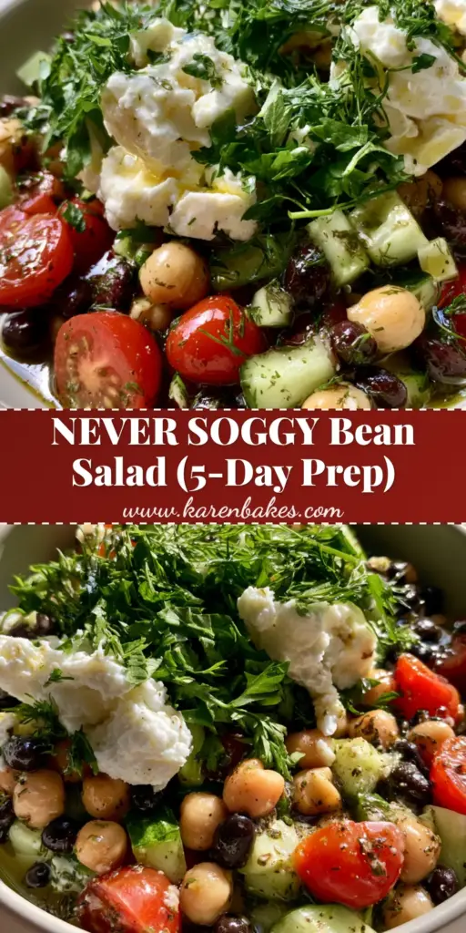 Bean Salad with Zesty Herb Vinaigrette and Feta 3 Vertical overhead shot of a colorful bean salad with garbanzo beans, black beans, feta, and fresh herbs in a white bowl.
