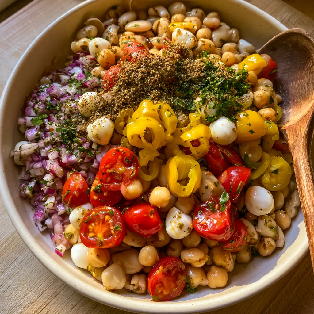 Detailed view of fresh mozzarella pearls and cherry tomatoes in an Italian grinder bean salad.