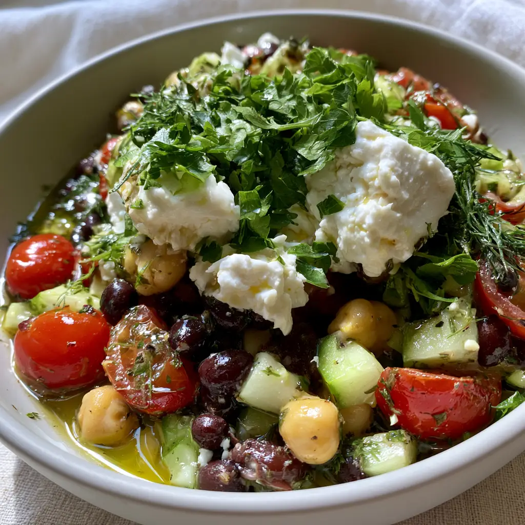 Authentic handheld smartphone photo of a bean salad in a matte white bowl on a linen tablecloth.
