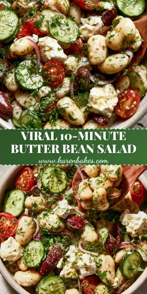 A vertical shot of a Mediterranean butter bean salad with creamy white beans, feta chunks, and fresh dill in a ceramic bowl. (butter bean salad)