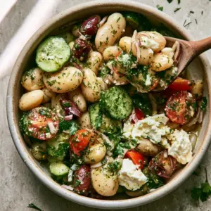 Close up of creamy butter bean salad showing the glossy lemon-herb dressing and burst cherry tomatoes. (butter bean salad)