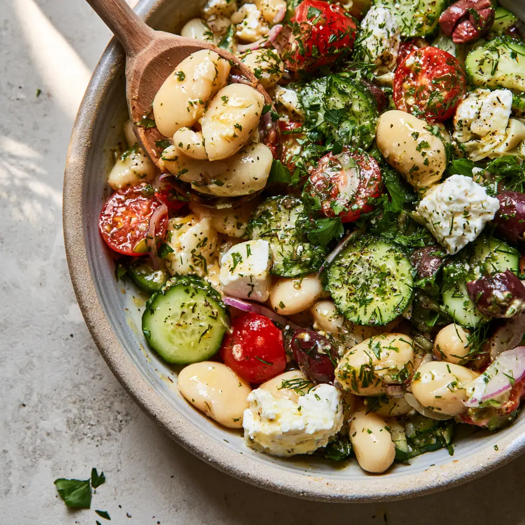 High angle shot of butter bean salad with cucumbers, red onions, and kalamata olives.