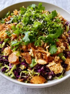 Close-up hero shot of Ramen Noodle Salad in a white ceramic bowl showing toasted almonds and glistening honey dressing.