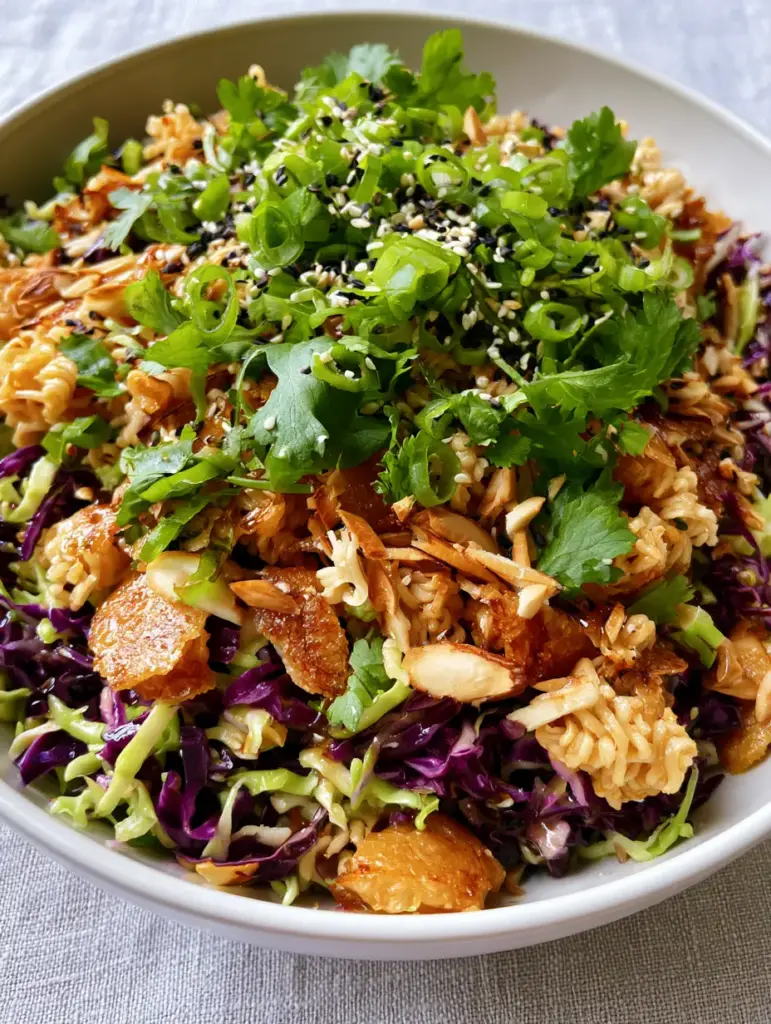 Ramen Noodle Salad: The Ultimate Crunchy Cabbage Slaw Recipe 2 Close-up hero shot of Ramen Noodle Salad in a white ceramic bowl showing toasted almonds and glistening honey dressing.