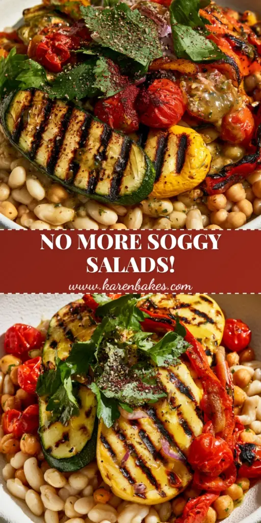 Grilled Veggie Bean Salad with Lemon-Herb Vinaigrette and Sumac 3 A vibrant grilled veggie bean salad with charred zucchini, blistered tomatoes, and sumac dust in a white bowl.