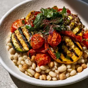 Overhead shot of grilled veggie bean salad showing zucchini char marks and creamy cannellini beans.