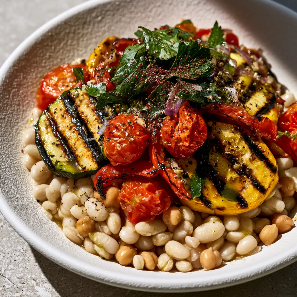 Grilled Veggie Bean Salad with Lemon-Herb Vinaigrette and Sumac 2 Overhead shot of grilled veggie bean salad showing zucchini char marks and creamy cannellini beans.