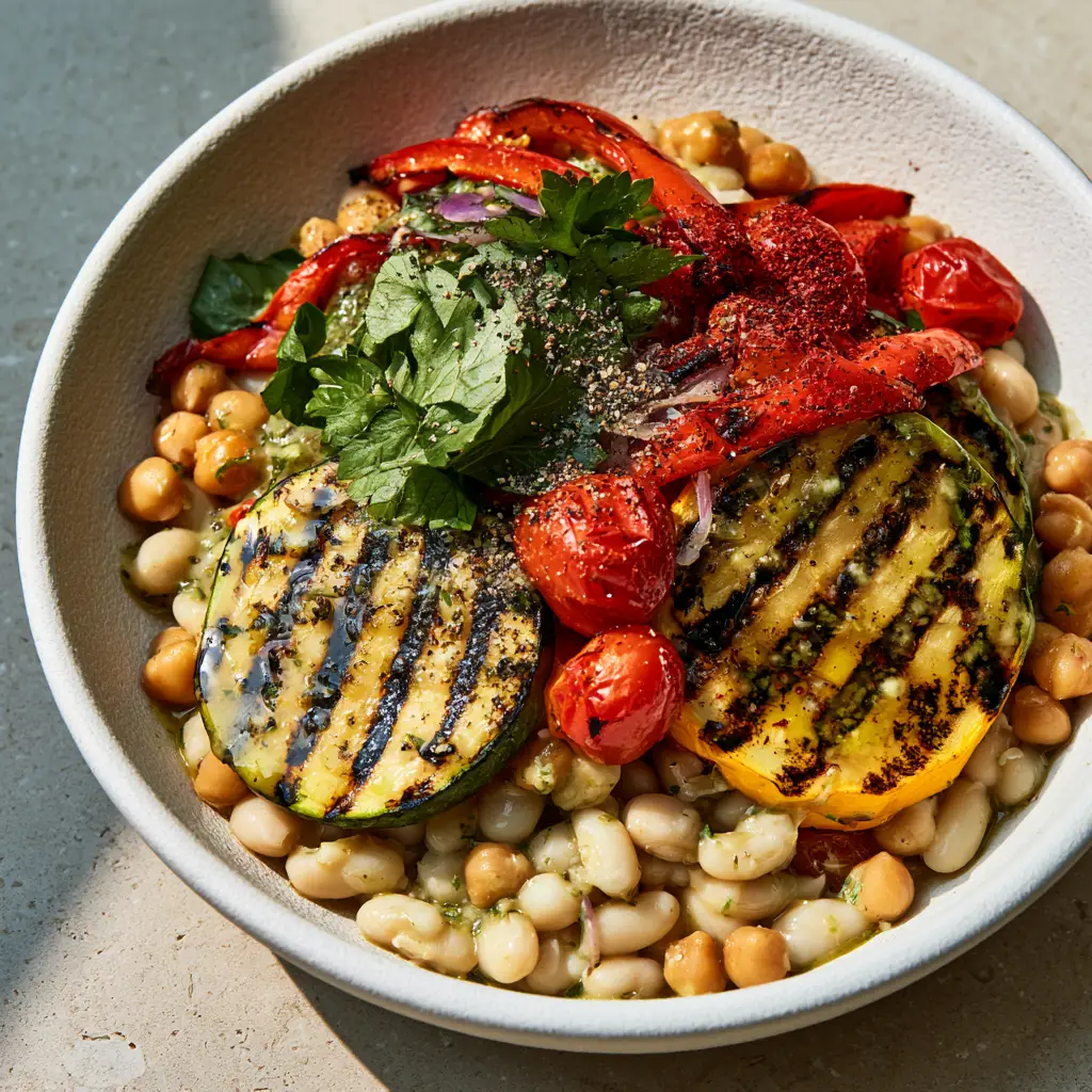Grilled Veggie Bean Salad with Lemon-Herb Vinaigrette and Sumac 1 Close up of blistered cherry tomatoes and sumac dust on a grilled veggie bean salad.