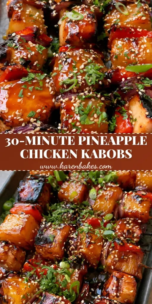 A top-down view of a rustic sheet pan filled with Baked Pineapple Chicken Kabobs, featuring charred chicken, caramelized pineapple, and a glistening mahogany honey garlic glaze.